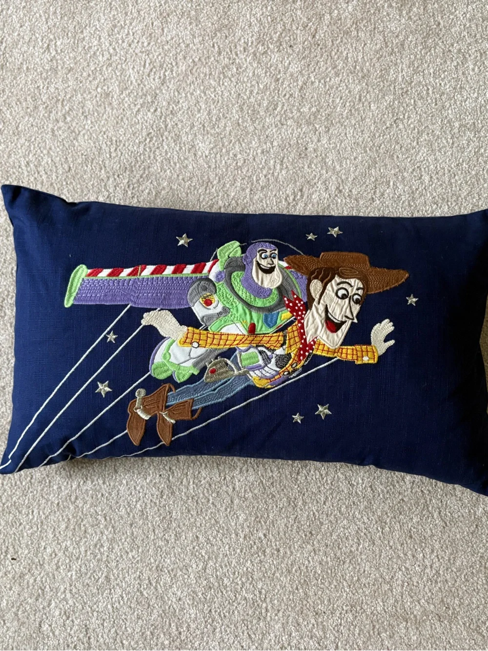 Pottery Barn Kids Navy Embroidered Buzz & Woody Flight Pillow